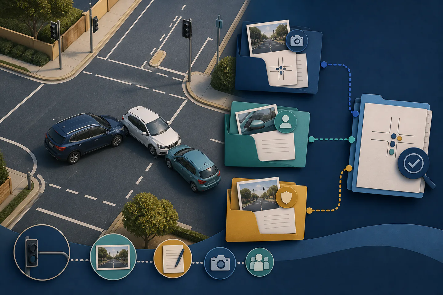 Paper-cut illustration of several vehicles at an Australian intersection with separate evidence files and connecting claim routes.