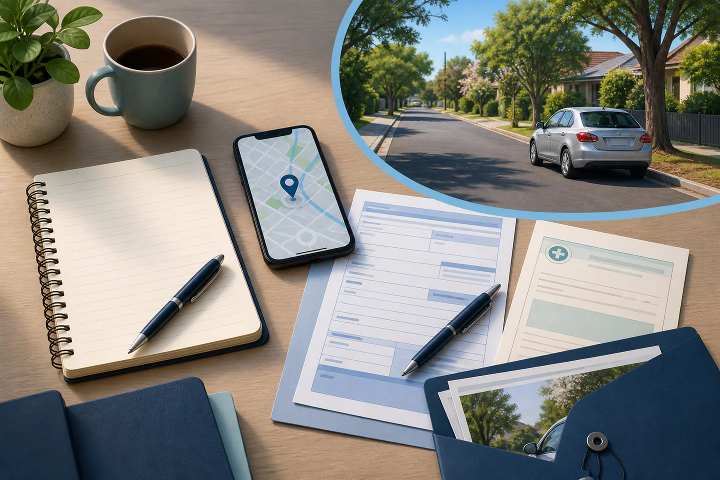 Paper-cut illustration of an Australian road incident, police reporting details and organised CTP claim documents.