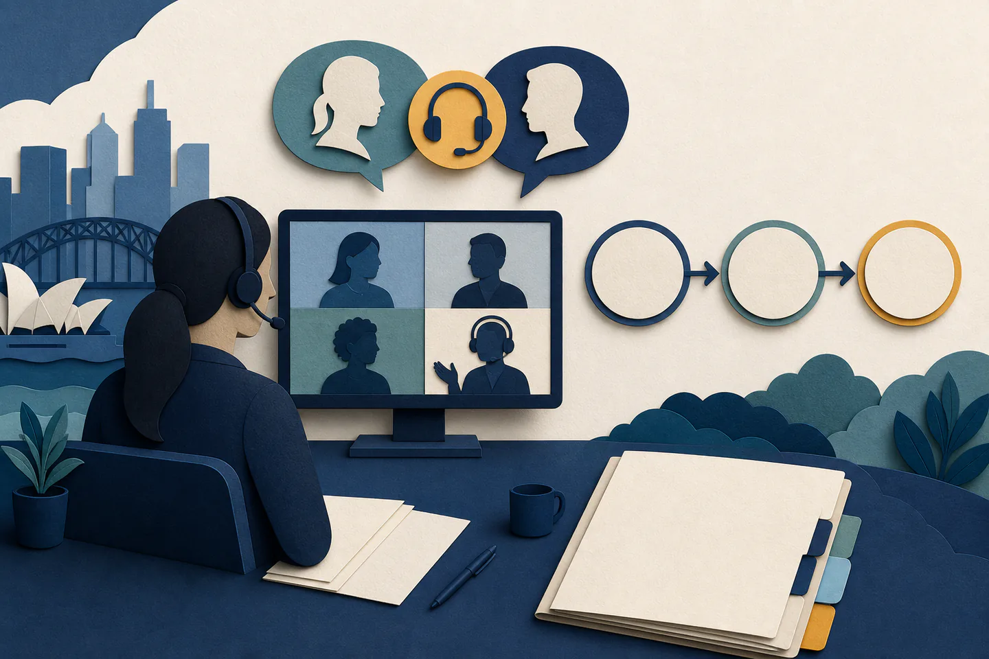 Paper-cut illustration of a remote PIC conference with interpreter support, indexed evidence and a three-stage review process.