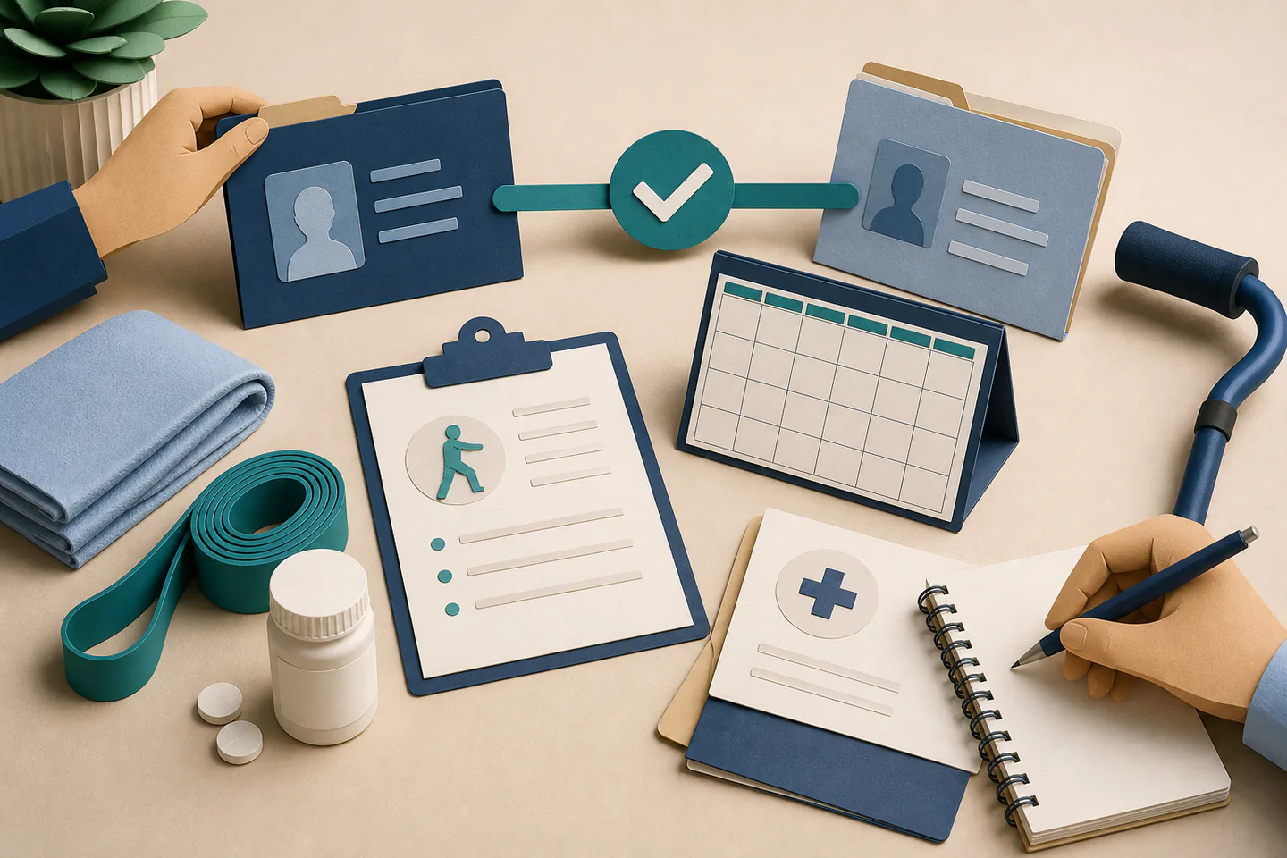 Paper-cut rehabilitation plan with treatment records, appointment calendar, medication and support equipment arranged for insurer review.