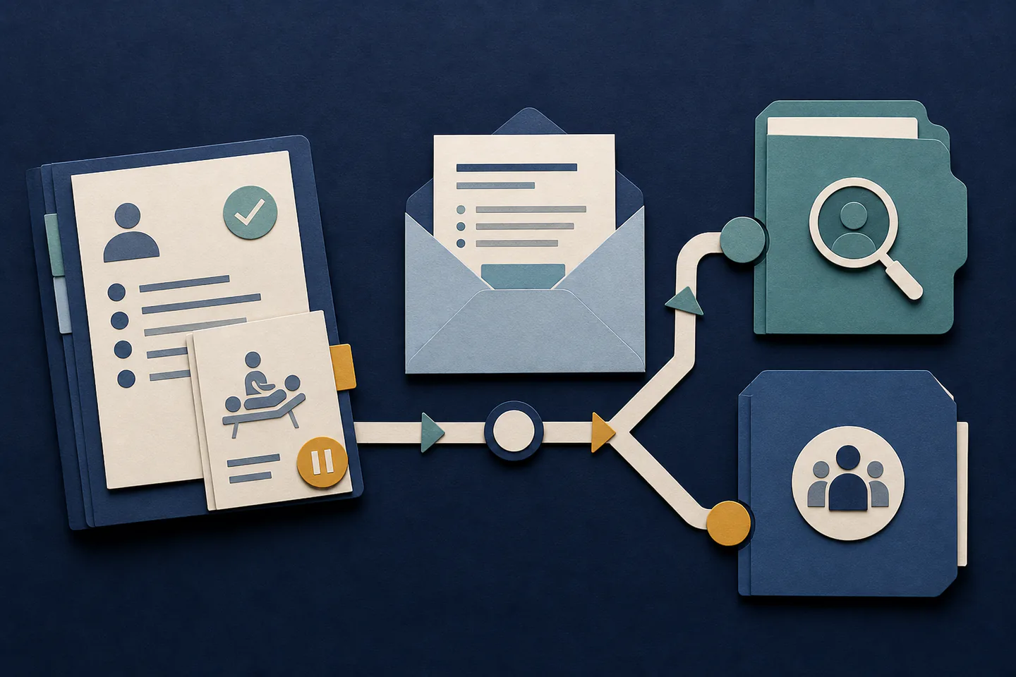 Paper-cut illustration of a paused treatment request branching into evidence review, internal review and independent dispute assessment.