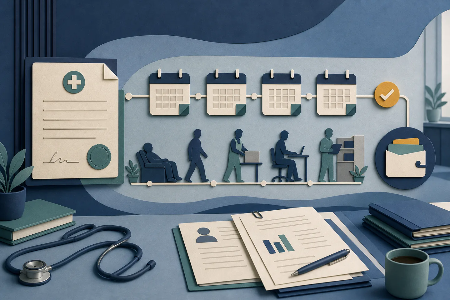 Paper-cut weekly-payment timeline connecting a Certificate of Fitness, medical records, work capacity and wage evidence.