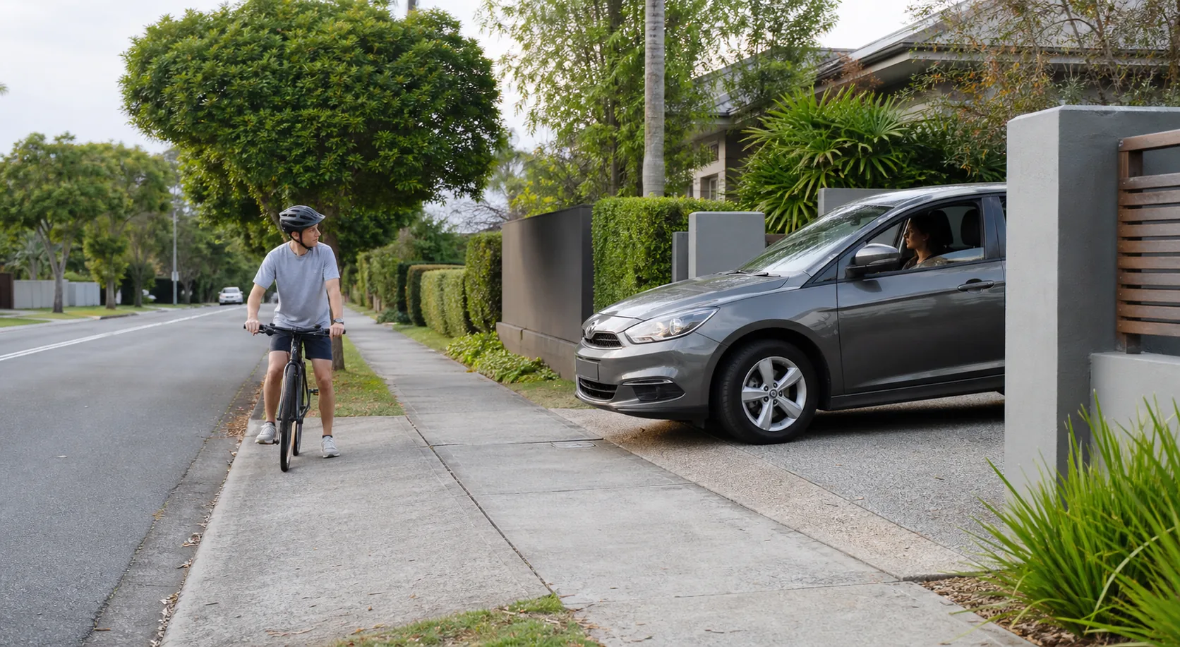 A professional non-graphic Australian road scene illustrating driveway entry and exit accidents for a NSW CTP claim guide.