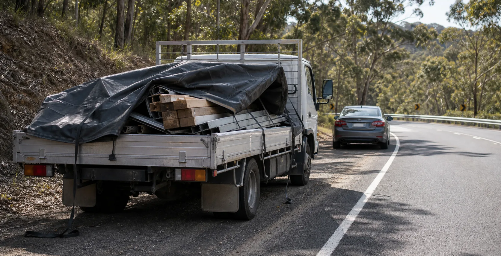 NSW CTPガイド用に落下・固定不十分なトラック積荷事故を示す、非暴力的で専門的なオーストラリア道路場面。