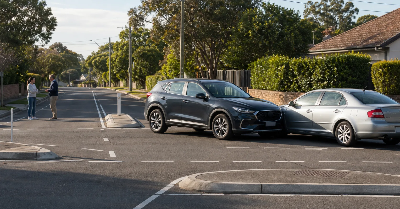 Two cars stopped in an Australian suburban intersection after a non-graphic failure-to-give-way accident scene.