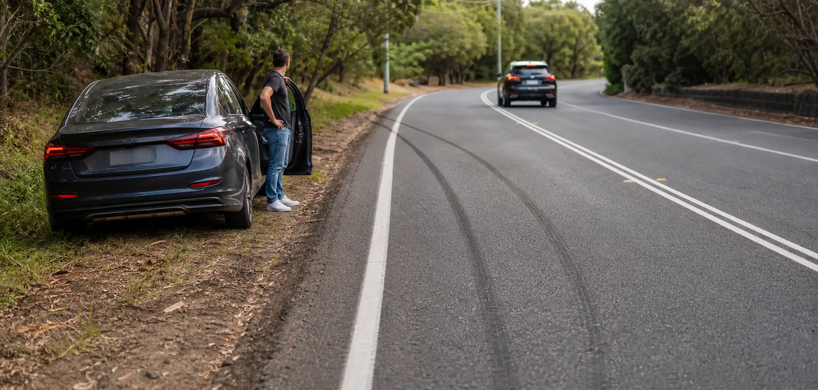 A car pulled over on an Australian road after swerving, with skid marks and no visible vehicle contact or injury scene.