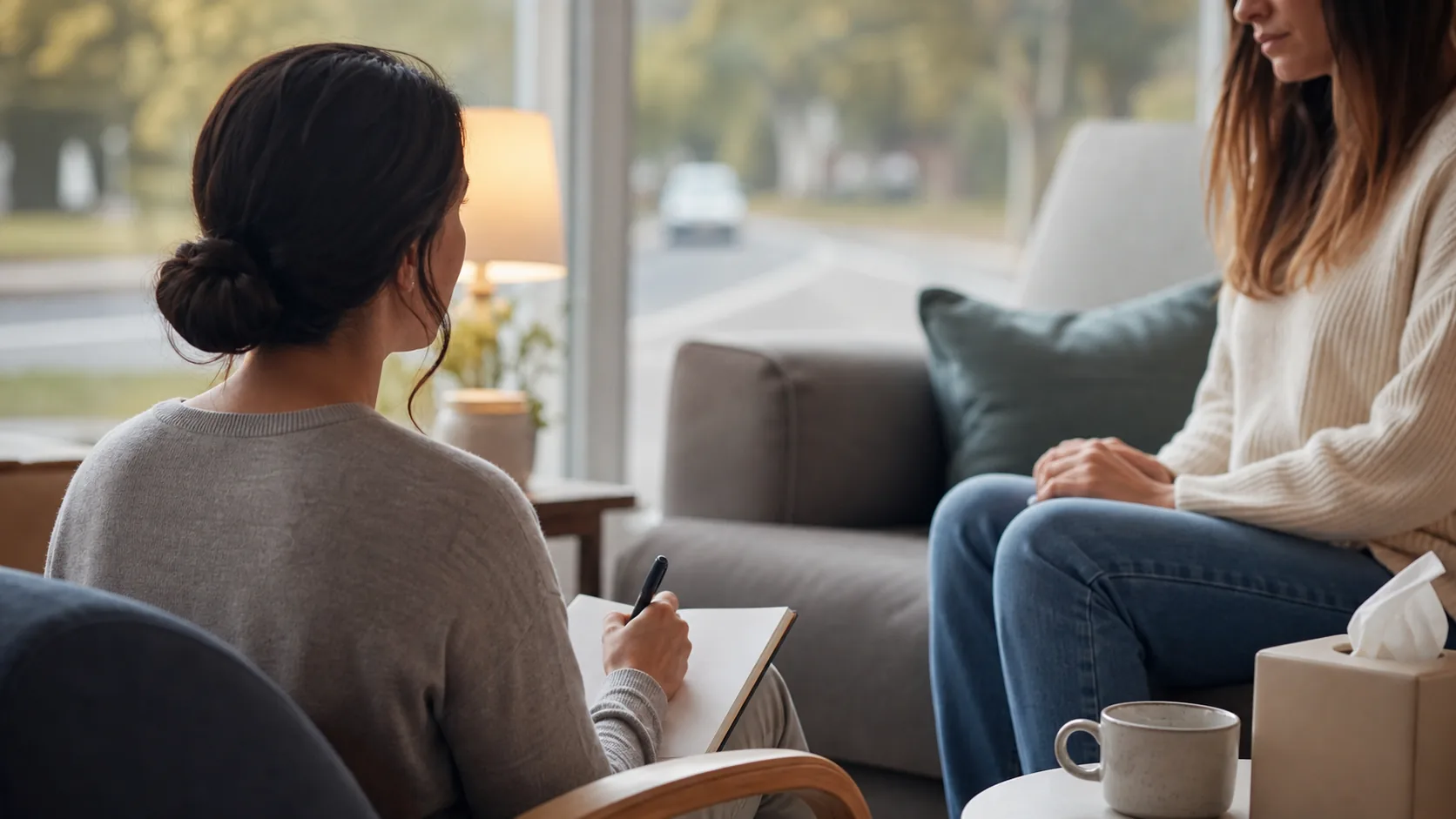 A calm counselling-style setting with a person speaking to a support professional near a window, representing psychological support after witnessing an accident.
