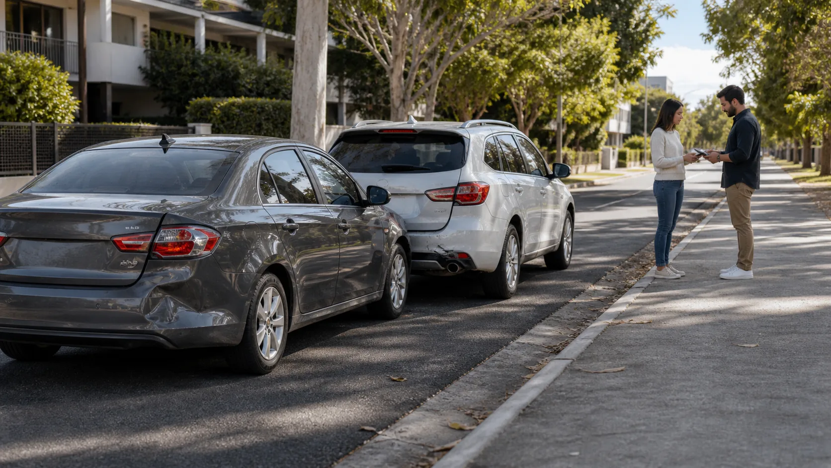 Two cars stopped on an Australian suburban road after a minor rear-end accident, with people calmly exchanging details nearby.