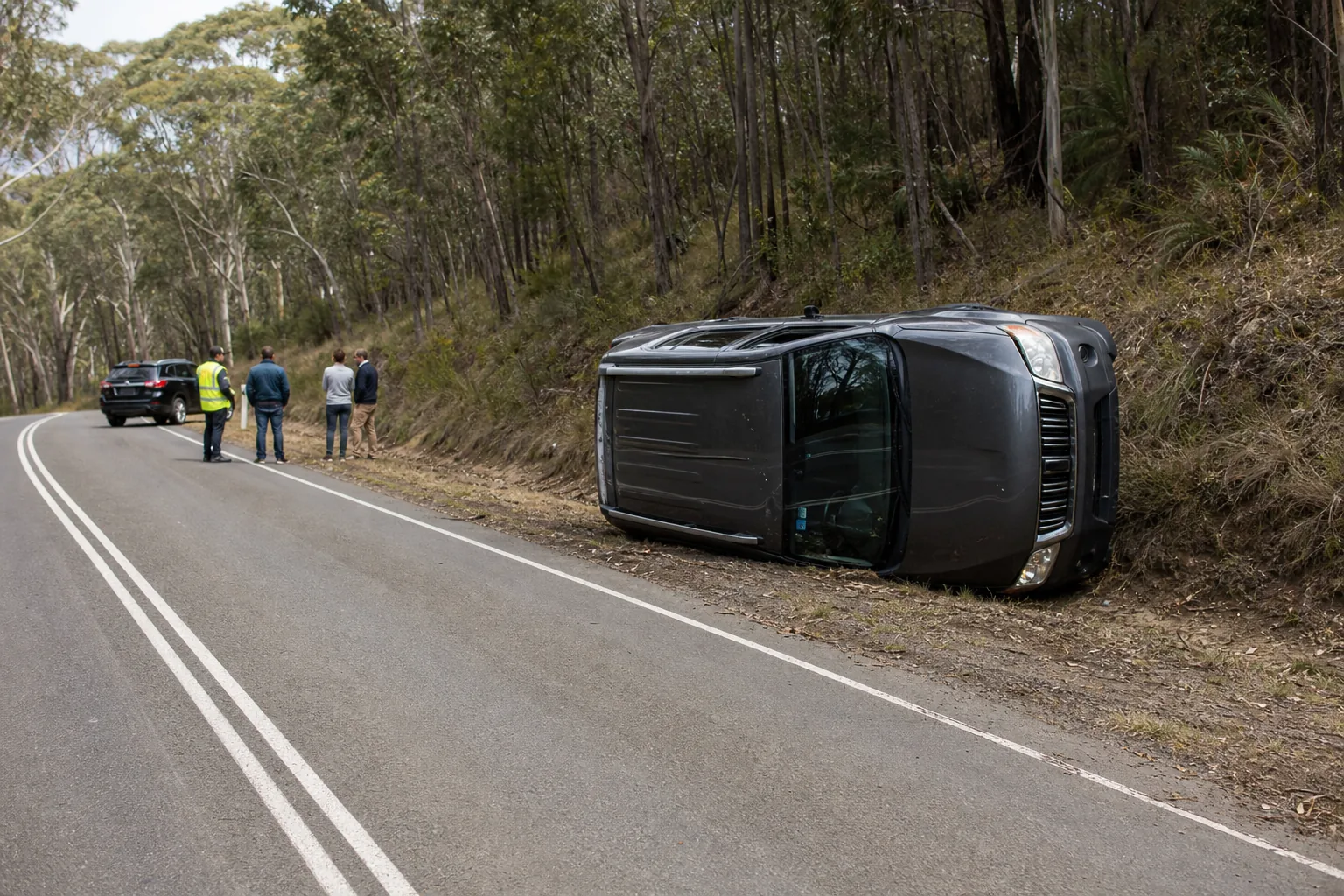 A vehicle resting on its side on a quiet Australian road after a non-graphic rollover, with responders standing at a safe distance.