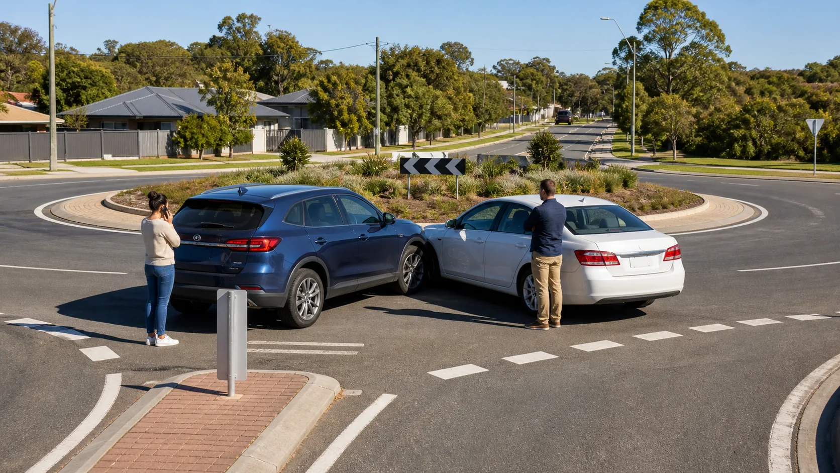 Australian roundabout scene with two cars stopped near an entry after a non-graphic accident.