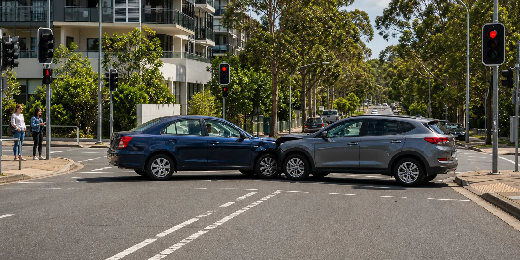 Two cars stopped at right angles in an Australian intersection after a non-graphic side-impact or T-bone accident.