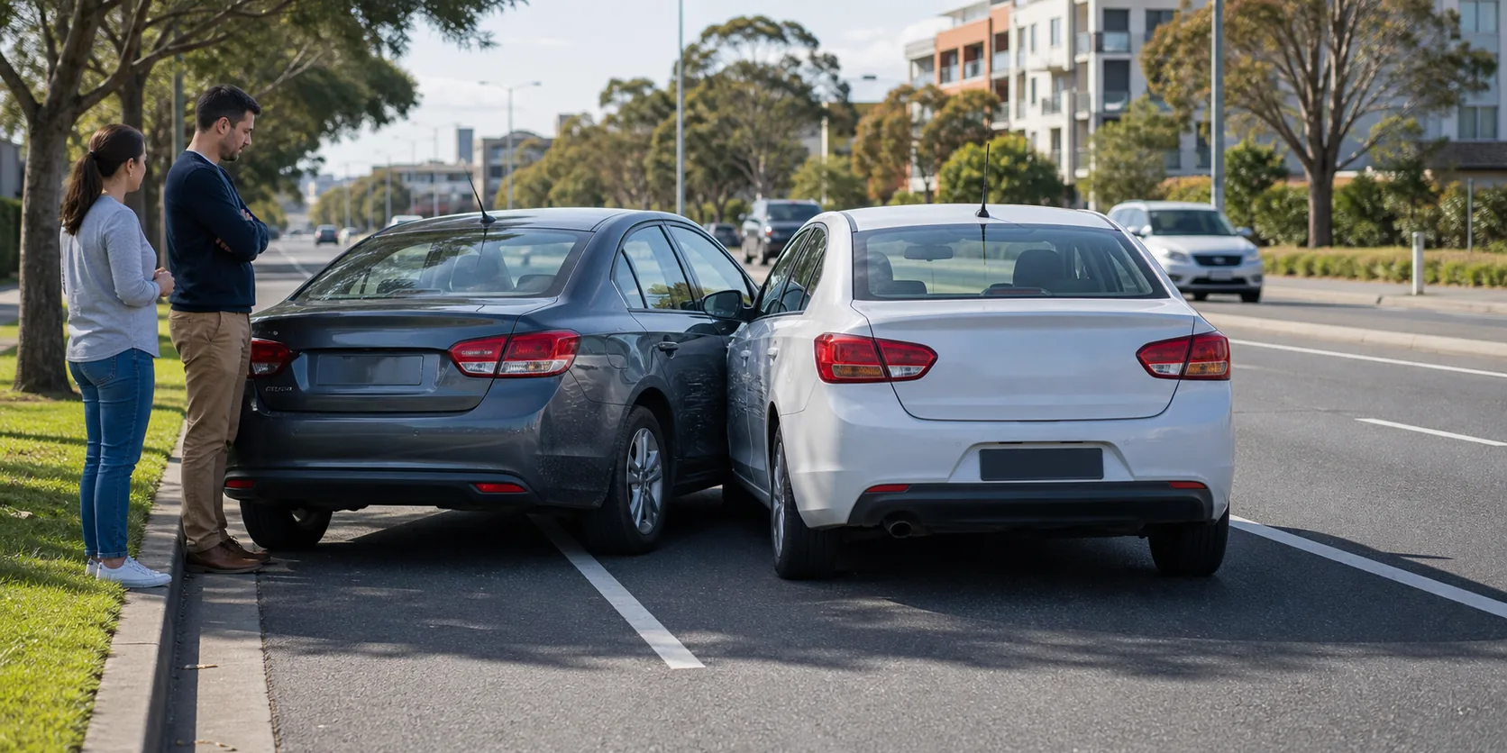Two cars stopped side by side on an Australian road after a minor sideswipe accident.