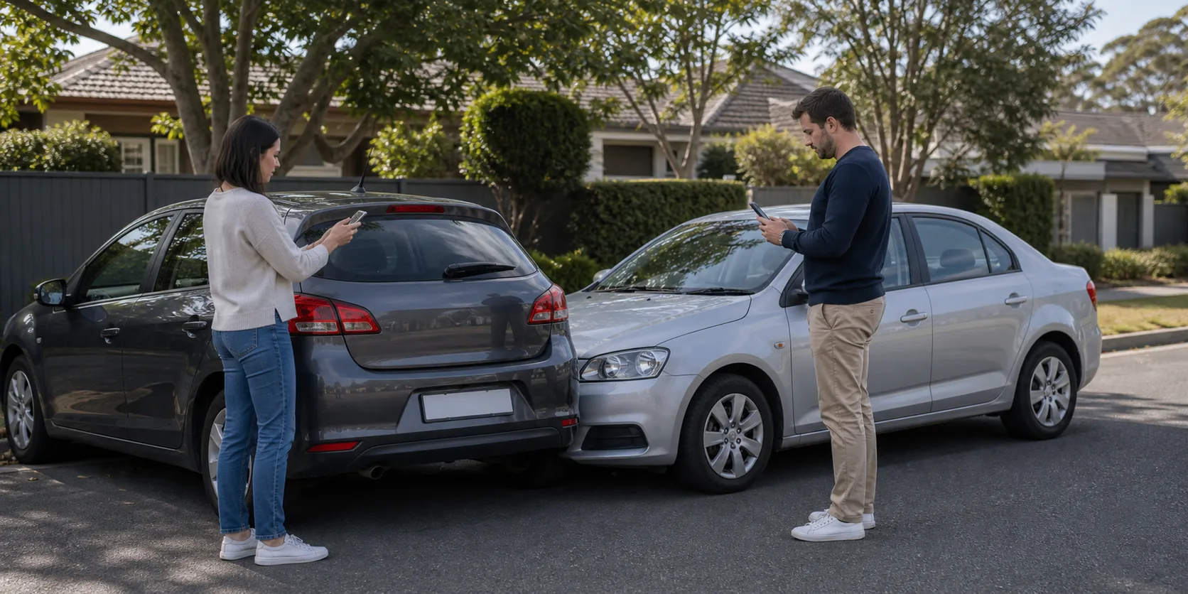 Two cars stopped on an Australian suburban road while drivers check registration and insurer details, with no readable plates or branding.