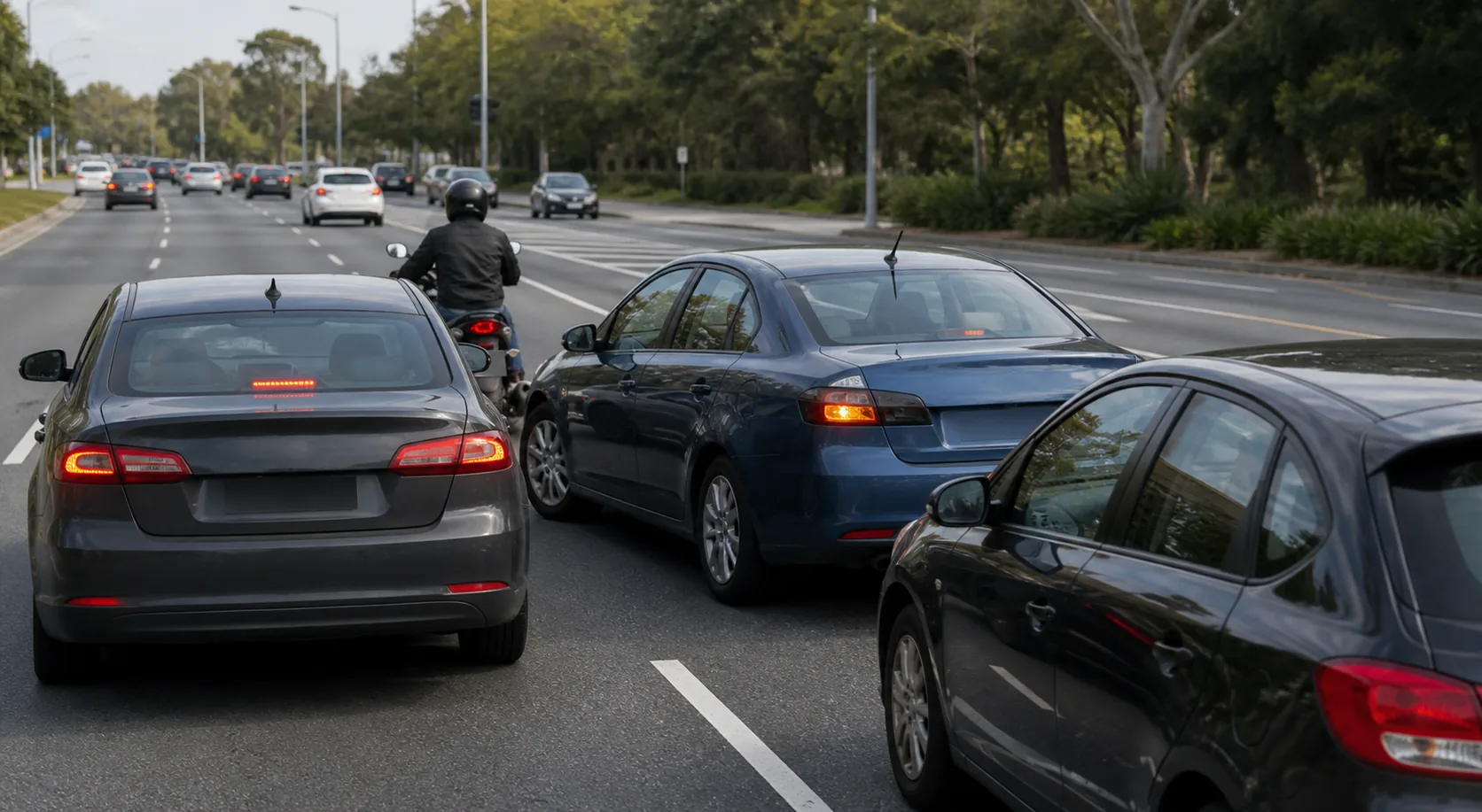 オーストラリアの複数車線道路で、車が他車とオートバイの近くで車線変更する場面。
