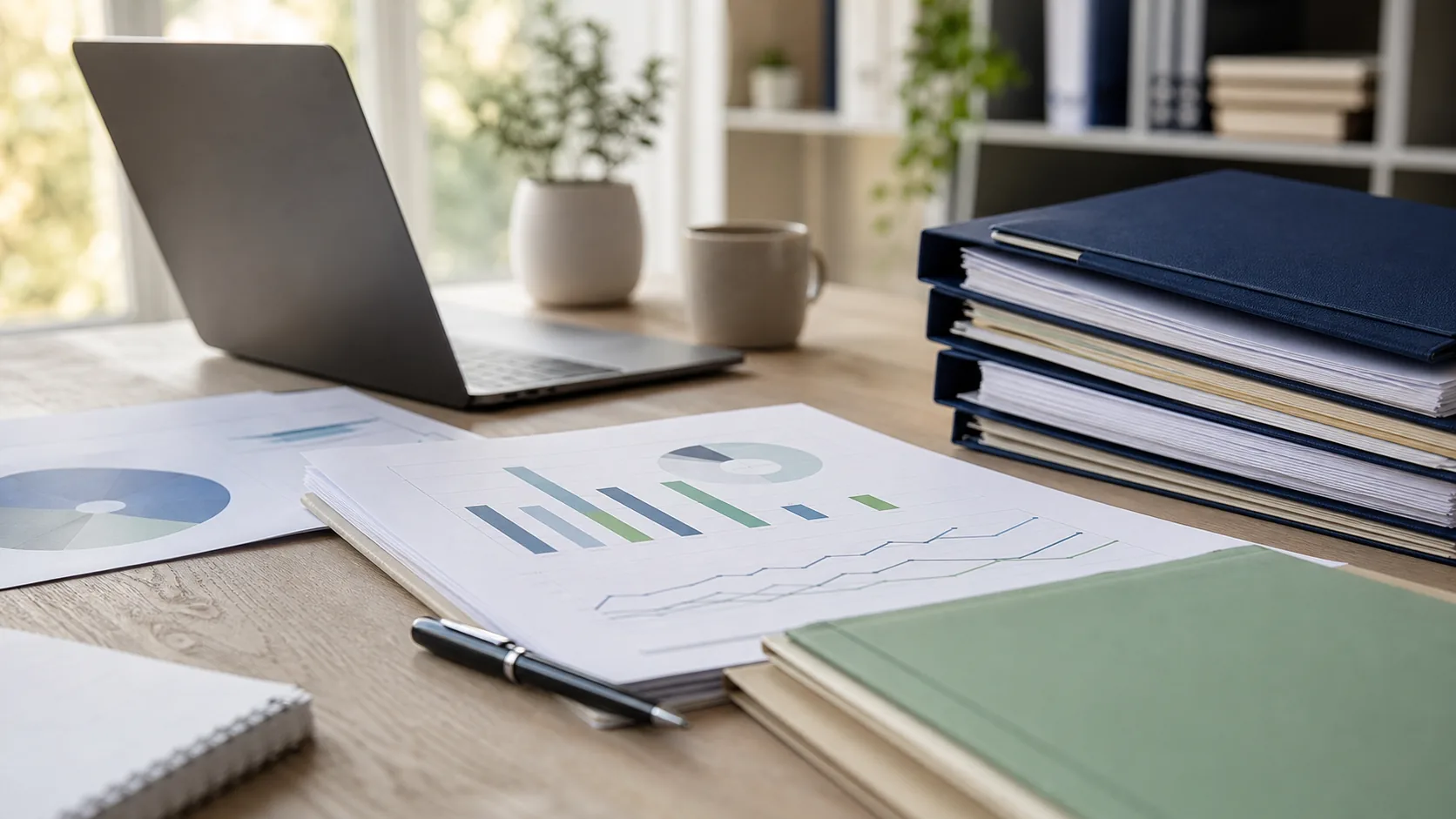 Abstract NSW CTP annual data charts and claim folders being reviewed on a legal office desk