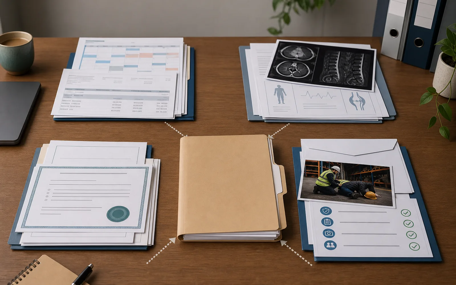 GIO NSW CTP claim file with insurer identity material, decision letters, medical certificates, wage evidence and review deadline documents organised before contact.