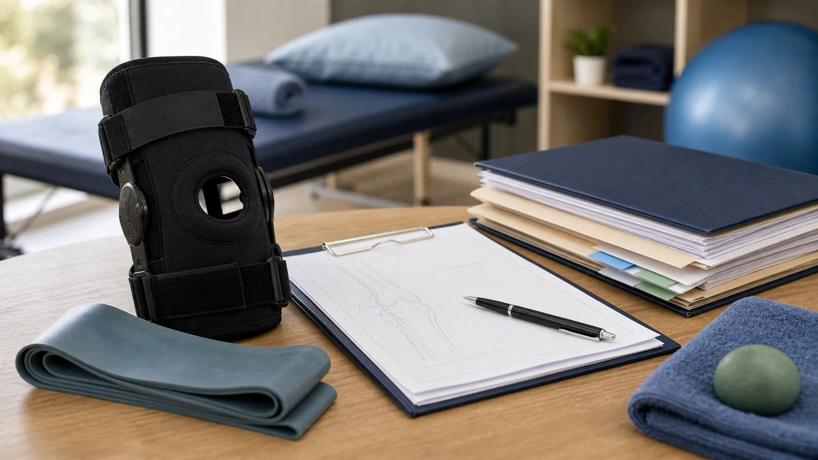 Knee ACL and meniscus rehabilitation materials with a NSW CTP claim file reviewed on a rehab desk.