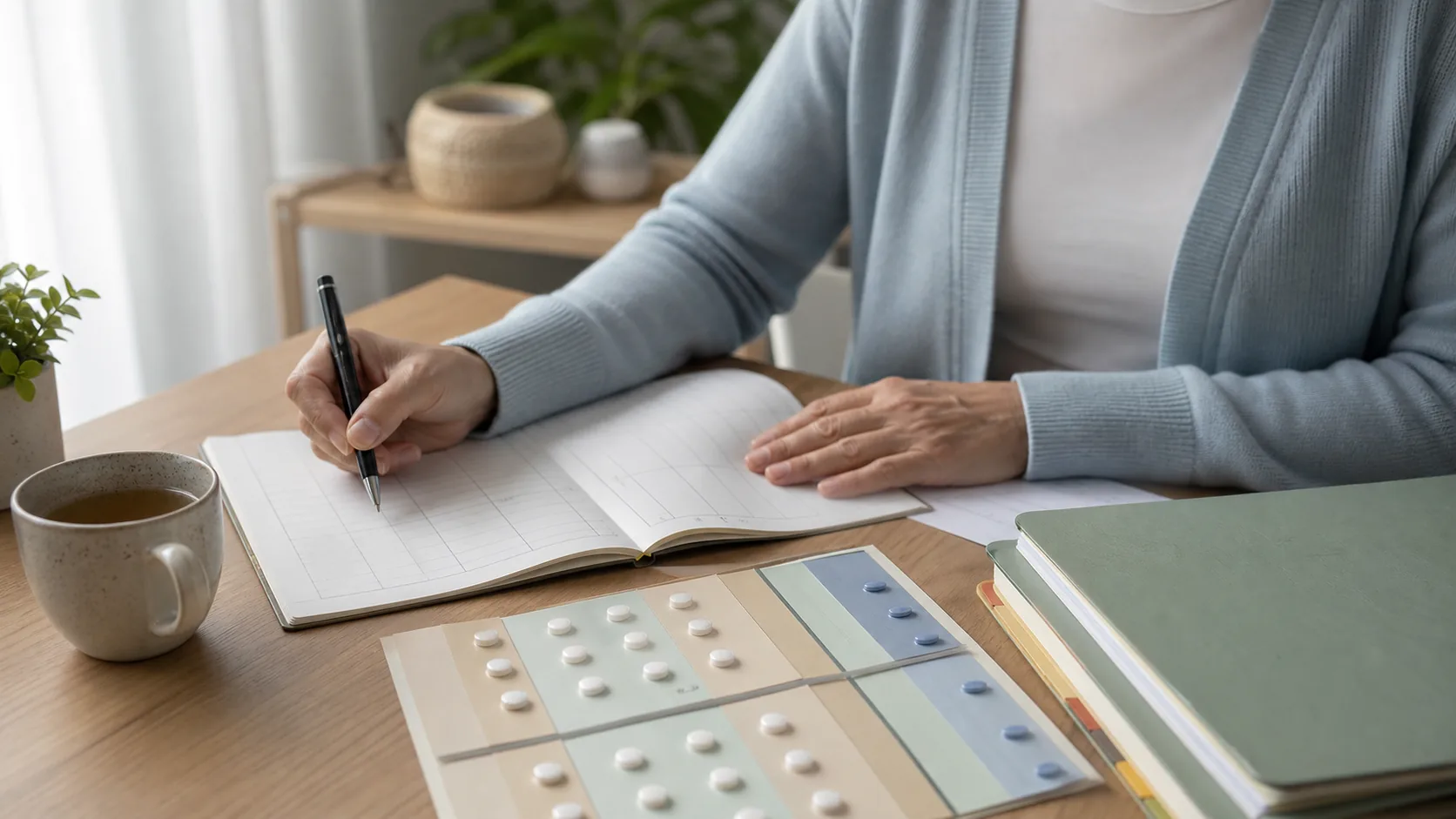 Person organising a symptom and function diary with treatment records for a CTP impairment review.