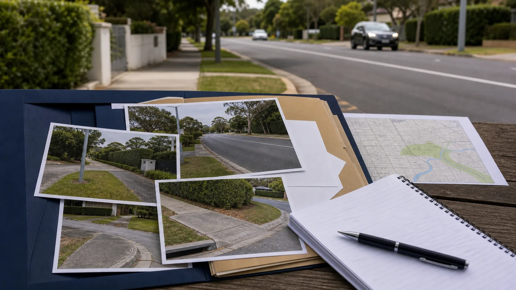Road location and vehicle identity evidence reviewed with road photographs, blank map material and a NSW CTP claim folder.