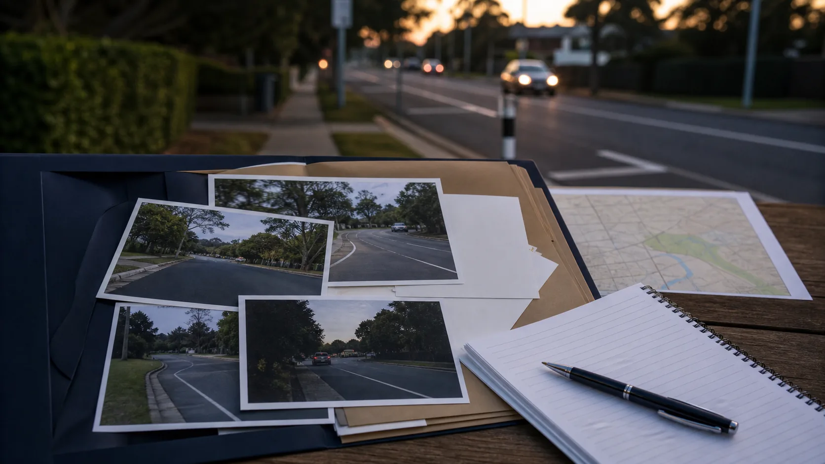 NSW CTP の相手車両不明請求で道路写真、地図資料、調査記録をファイル上で確認している様子