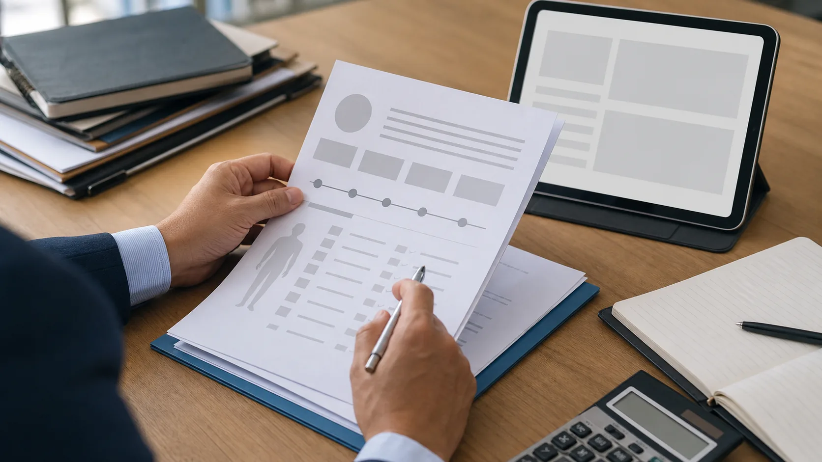 Medical-legal impairment report papers and CTP evidence being reviewed on an office desk.