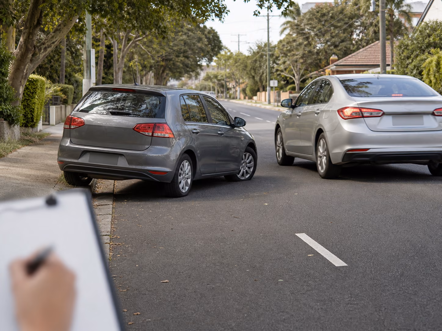 Editorial NSW road scene showing a car moving from a kerbside parking space beside passing traffic.