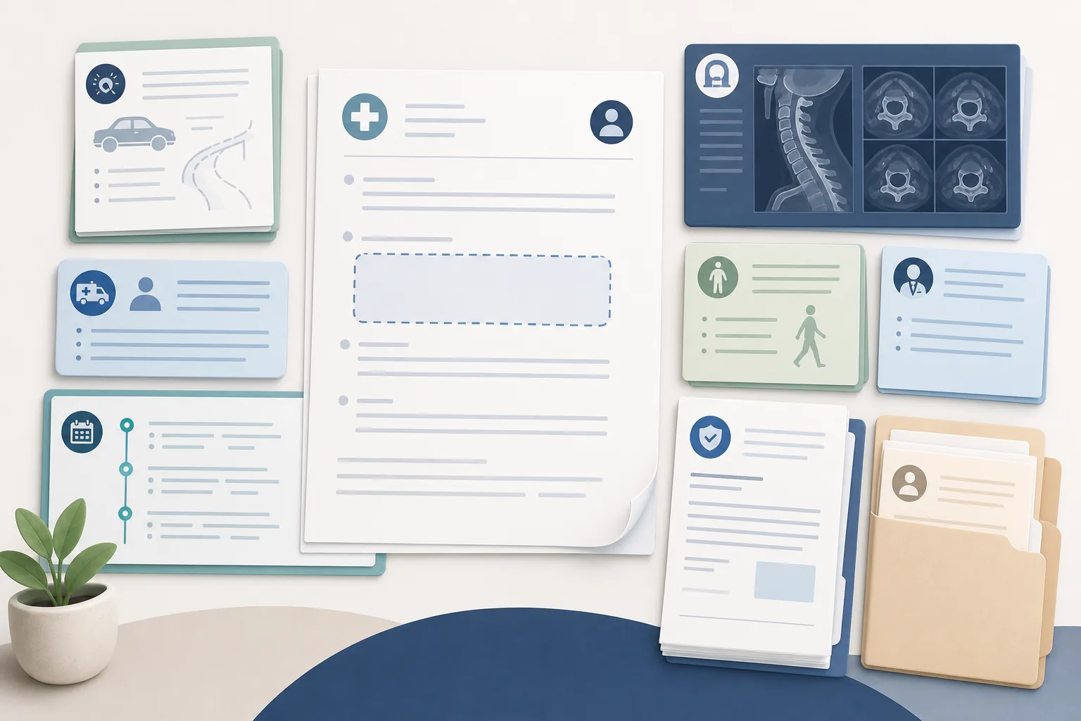 NSW CTP case-note visual showing hospital-record silence reviewed alongside accident details, treatment chronology, imaging, functional evidence and specialist causation reasoning.