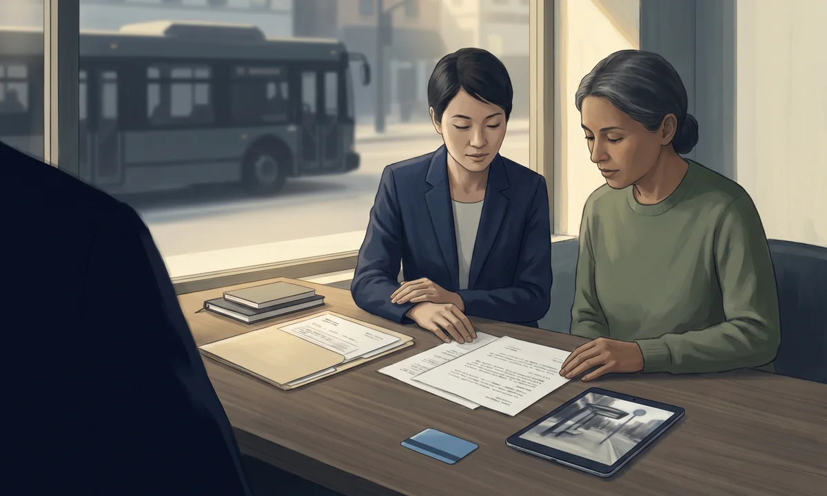 청구인과 지원자가 버스 노선 정보, 목격자 메모, 사고 시간대를 함께 정리하는 모습